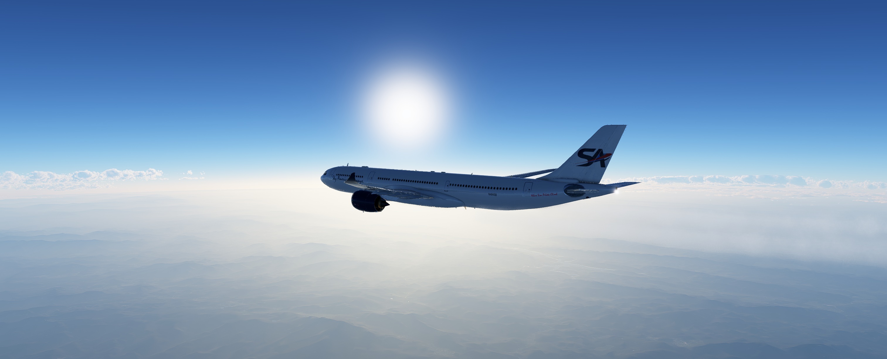Passenger aircraft flying above clouds representing Sky American Airways virtual operations